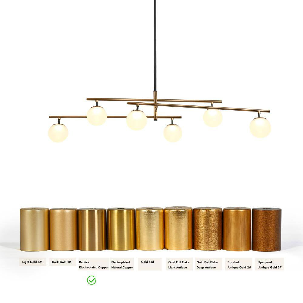 Transitional 6-Light Brass Linear Integrated LED Island Pendant Light, Globe Frosted Glass Chandelier for Dining Room
