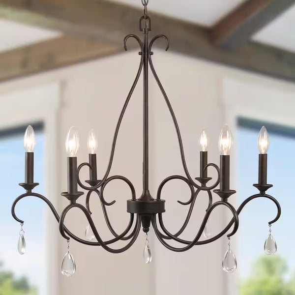 28 In. 6-Light Rusted Bronze Classic Candlestick Chandelier with Crystal Drops Modern Farmhouse Island Pendant