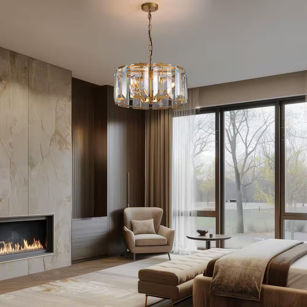 19.7 In. 5-Light Gold Crystal Drum Chandelier Modern Pendant Light for Dining Room, Living Room, Kitchen