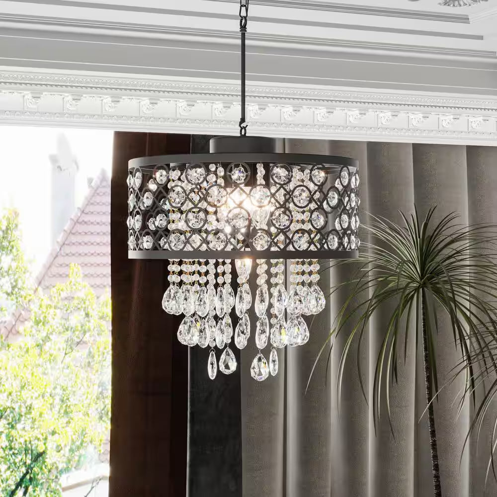 Indianapolis 5-Light Black Lantern Drum Chandelier with Crystal Accents