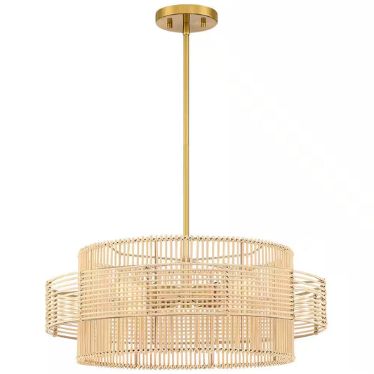 Saturn 22 In. 4-Light Brass Modern Bohemian Chandelier with Natural Rattan Shade