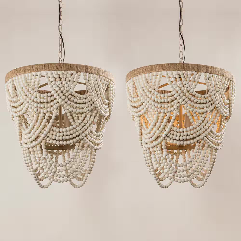 Hatfield 4-Light Bohemia Style Natural Wood Beaded Tiered Chandelier with Rope Accents