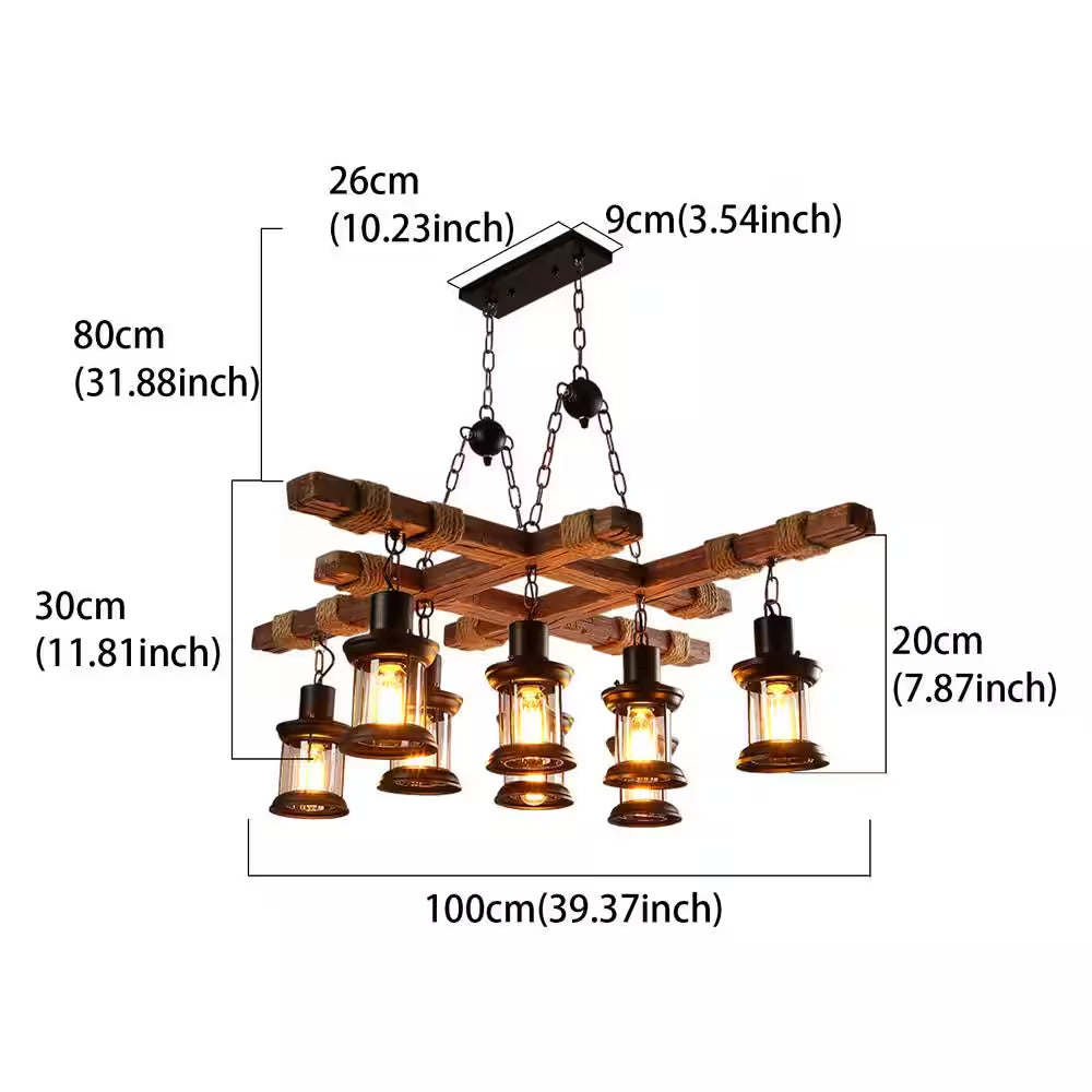 39 In. 8-Light Vintage Industrial Brown Wooden Farmhouse Chandelier