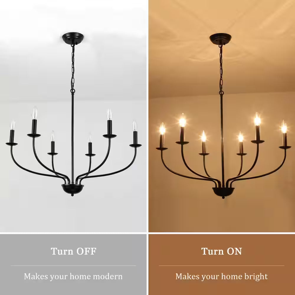 6-Light Black Linear Chandelier for Dining Room, French Country Candlestick Chandelier