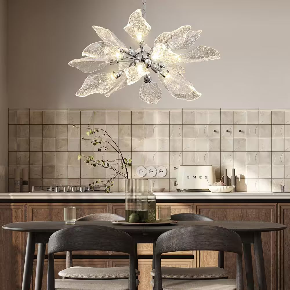 D31.5 In. 18-Light Silver Modern Chandelier, Crystal Leaf Chandelier for Bedroom, Dining Room, Living Room, Foyer