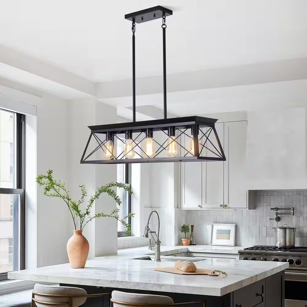 Industrial Series 5-Light Chandelier, Matte Black Finish, Modern Shape, Suitable for Living/Dining Room
