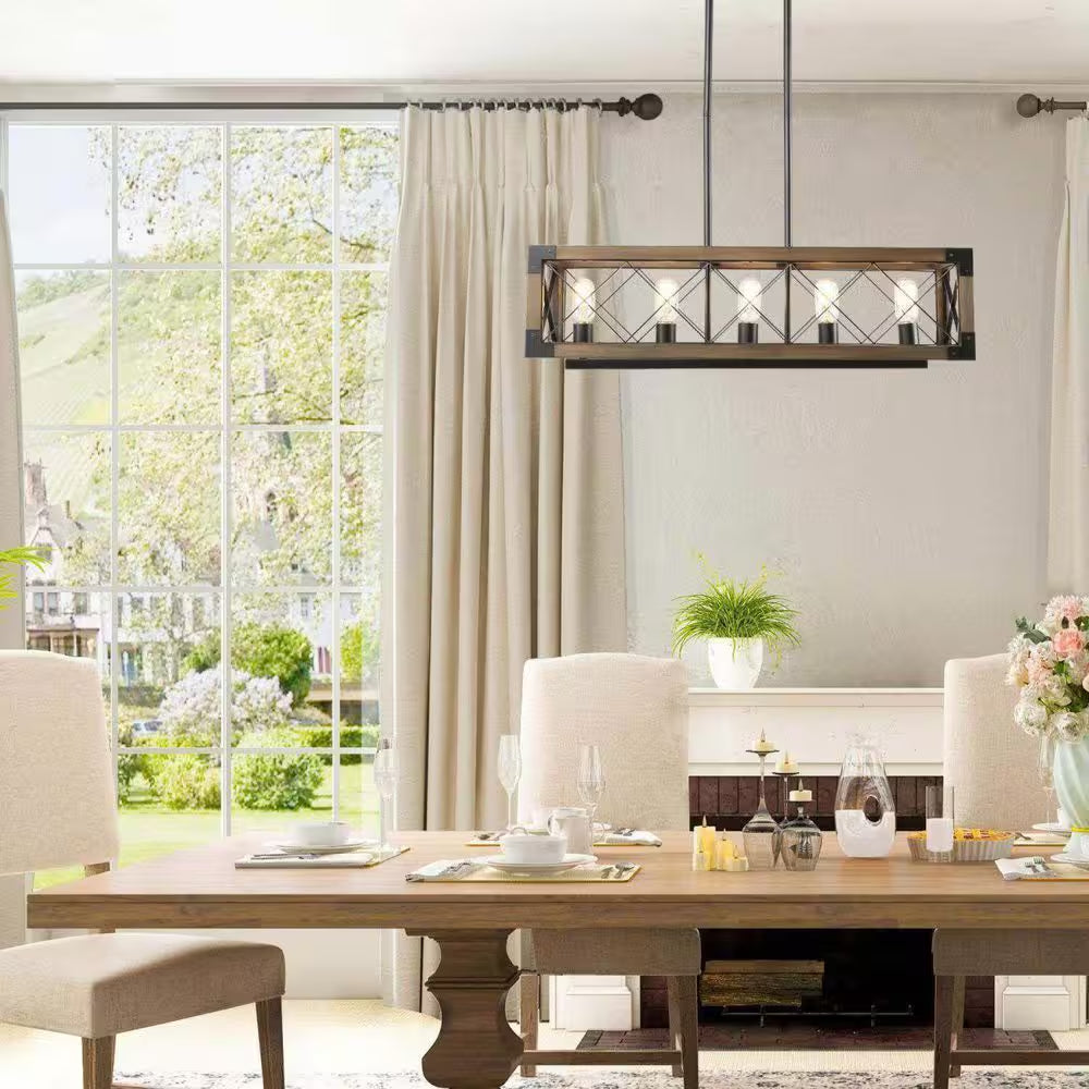 Colorado Modern Farmhouse 5-Light Rectangular Box Black Dining Room Chandelier