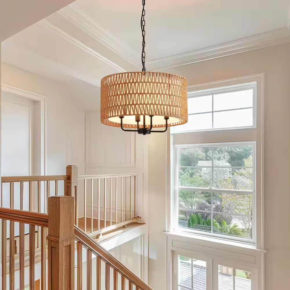 19.7 In. 4-Light Rattan Yellow Bohemin Chandelier for Foyer Dining Room