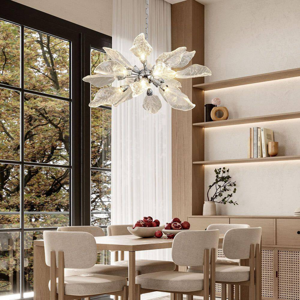 D31.5 In. 18-Light Silver Modern Chandelier, Crystal Leaf Chandelier for Bedroom, Dining Room, Living Room, Foyer