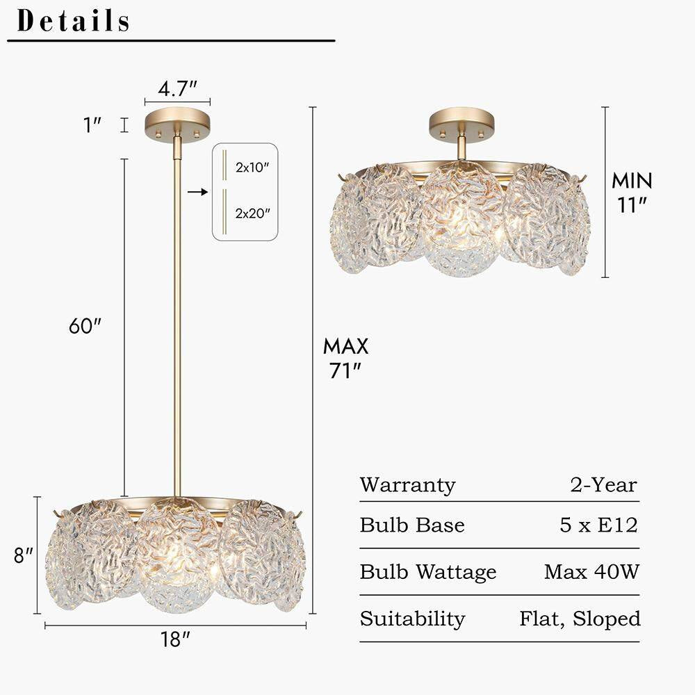 Wavelet 5-Light Dark Gold round Chandelier Lighting, Mid-Century Modern Pendant Light with Water Ripple Glass Shade