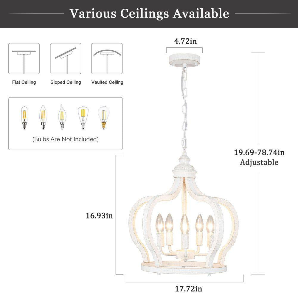 5-Light Vintage White Cottage Chic Crown Chandelier Farmhouse Wooden Pendant