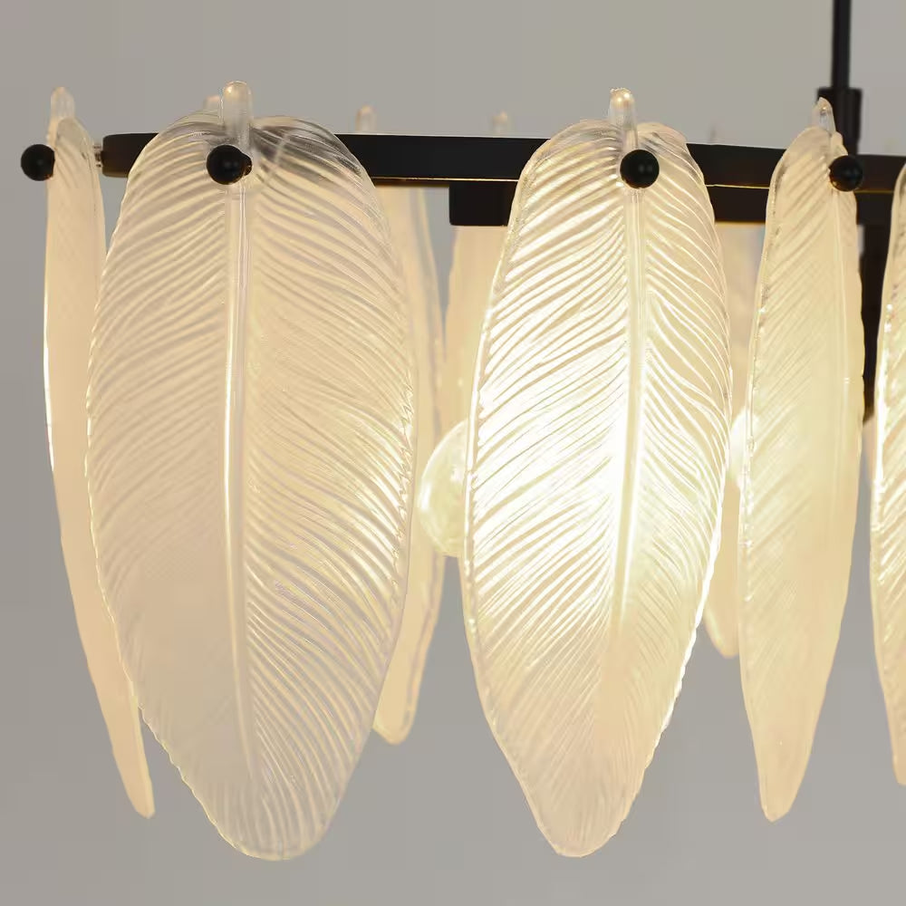 5-Light Black and Frosted Glass Leaf Linear Chandelier for Kitchen Island Dining Bedroom Living Room Foyer