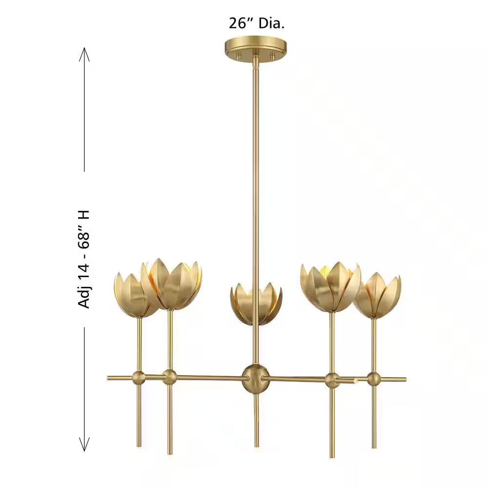 26 In. W X 14 In. H 5-Light Natural Brass Bohemian Chandelier with Metal Shades