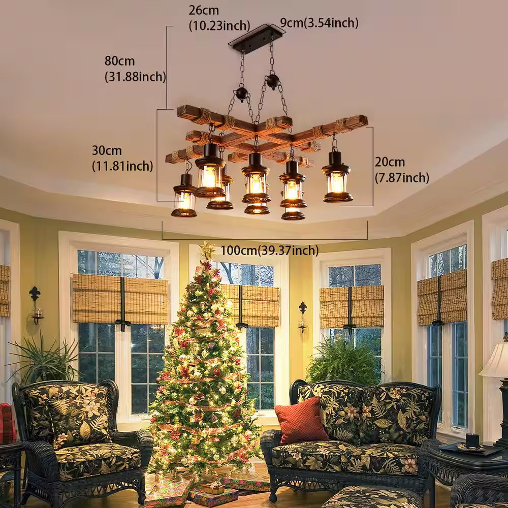 39 In. 8-Light Vintage Industrial Brown Wooden Farmhouse Chandelier