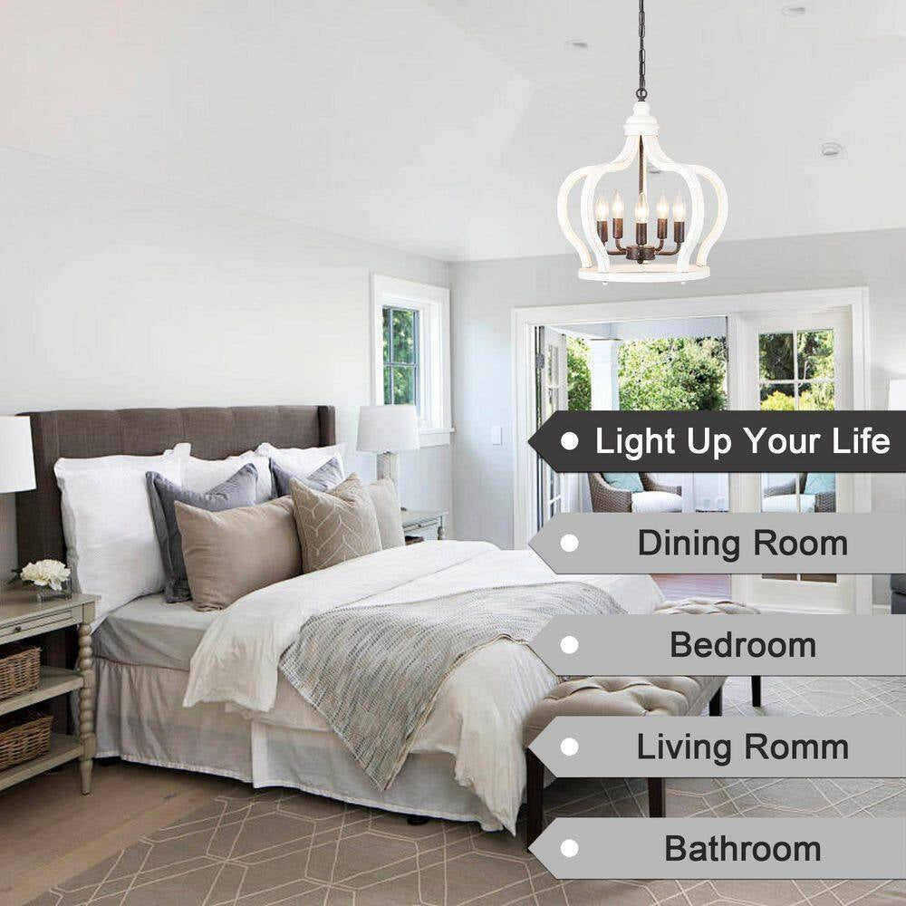 5-Light Vintage White Cottage Chic Crown Chandelier Farmhouse Wooden Pendant