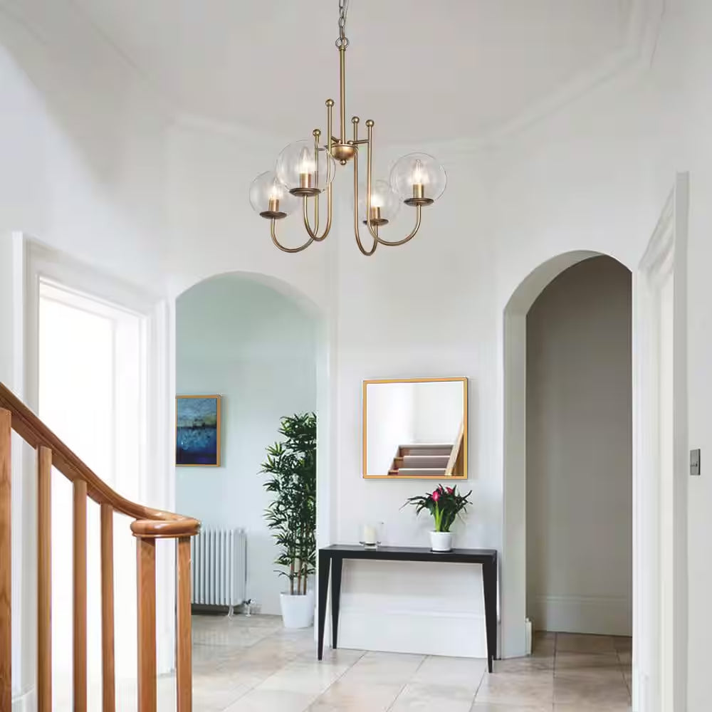 Modern Gold Sputnik Kitchen Island Chandelier Transitional 4-Light Brass Globe Kitchen Light with Clear Glass Shade
