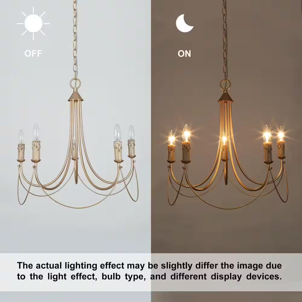 Modern Satin Gold French Country Farmhouse 5-Light Chandelier Vintage Candlestick High Ceiling Light