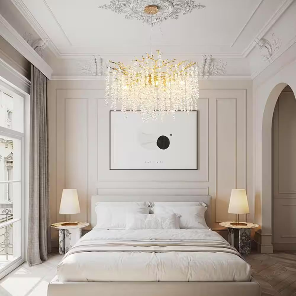 24" 8-Light Modern Crystal Chandelier, Gold Tree Branch round Chandelier for Dining Room, Living Room, Bedroom, Entryway