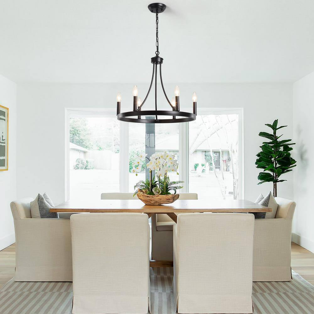 6-Light Black Farmhouse Wagon Wheel Chandelier Rustic Dining Room Pendant Light