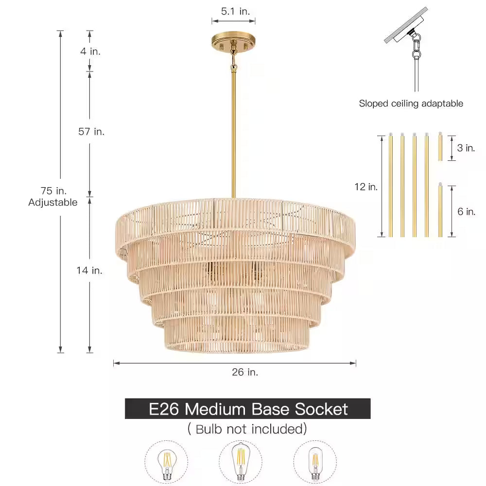 Piersan 26 In. 5-Light Brass Modern Bohemian Chandelier with Tiered Rattan Shade