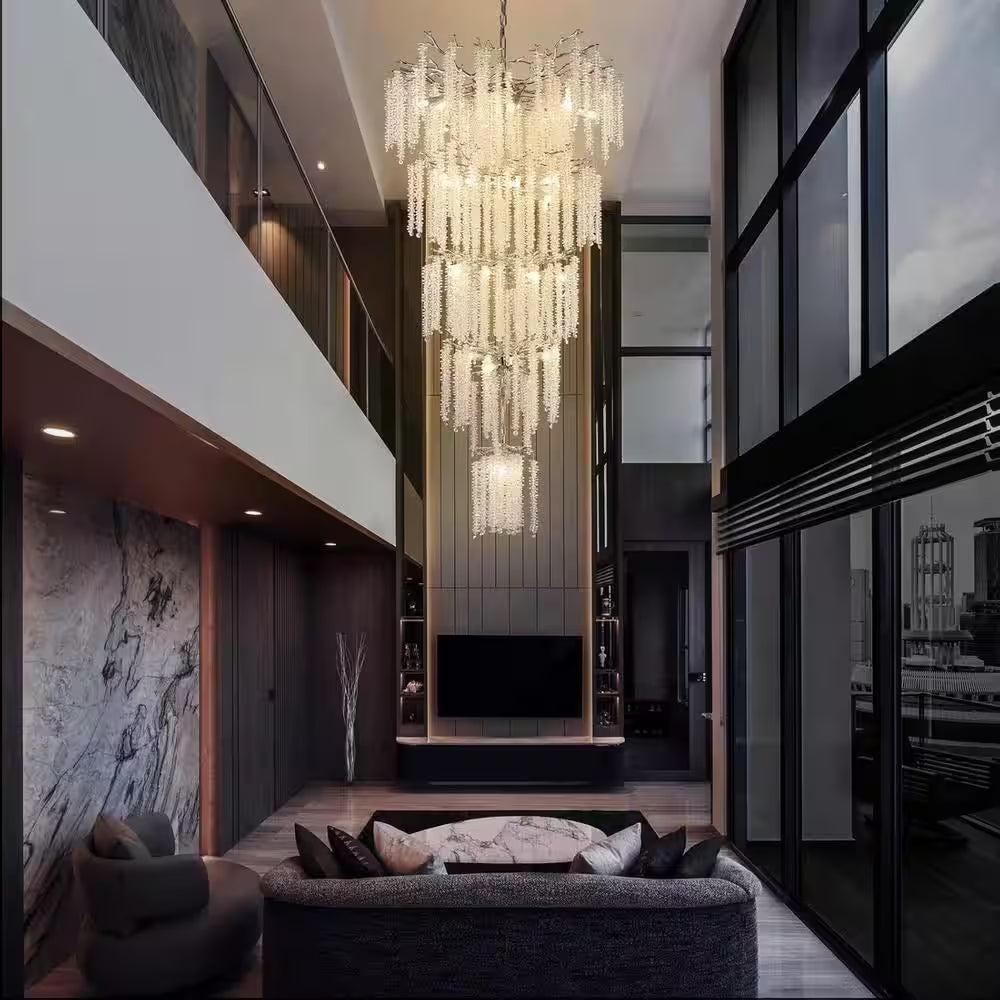 118 In. H, 28-Lights Silver Luxury Crystal Chandelier, Tree Branches Chandelier for Entryway High Ceiling Chandelier