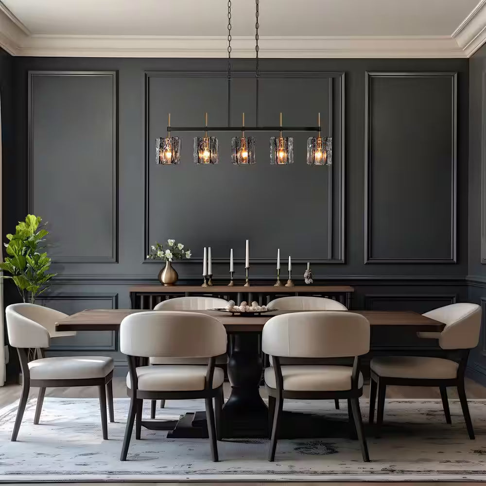 Echonalyri Modern 5-Light Glam 35.4 In. W Black and Brass Island Chandelier with Geometric Gray Textured Glass Shades