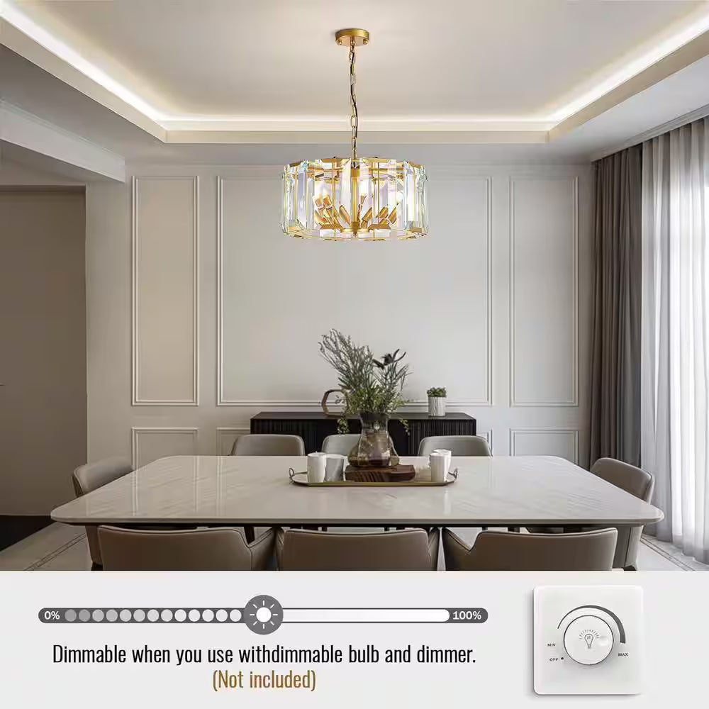 19.7 In. 5-Light Gold Crystal Drum Chandelier Modern Pendant Light for Dining Room, Living Room, Kitchen