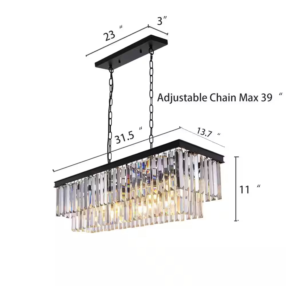 Modern 8-Light Rectangle Black Crystal Chandelier for Dinning Room