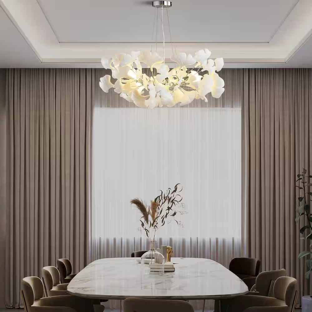 6 Light Silver Chandelier, Luxury Ginkgo Branch Chandelier for Living Room, Dining Room, Foyer, Kitchen Island-L31 In.