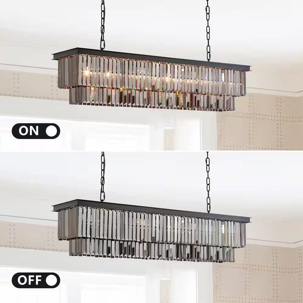 47 In. 8-Light Black and Smoke Crystal Chandelier Modern Dining Room Pendant Lighting