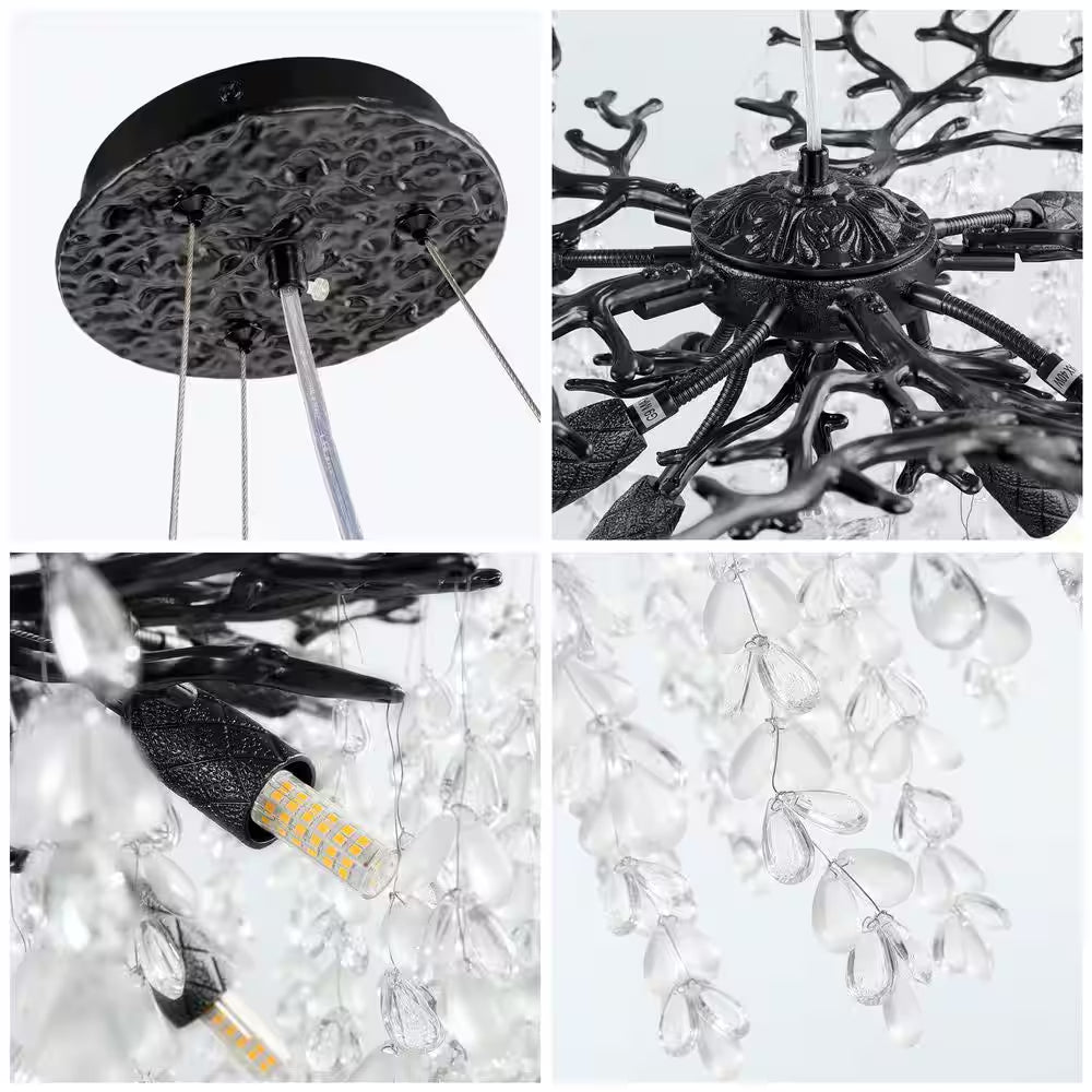 24" 8-Light Modern Crystal Chandelier Black Tree Branch round Chandelier for Dining Room, Living Room, Bedroom, Entryway