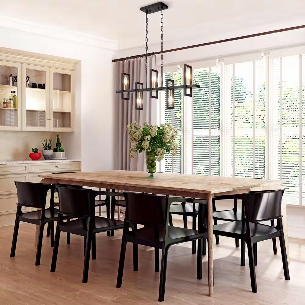 Modern Rectangle Dining Table Chandelier Transitional 5-Light Black and Brass Kitchen Island Candlestick Chandelier
