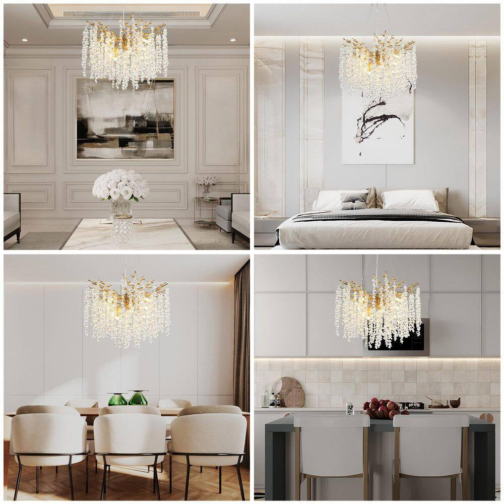 24" 8-Light Modern Crystal Chandelier, Gold Tree Branch round Chandelier for Dining Room, Living Room, Bedroom, Entryway