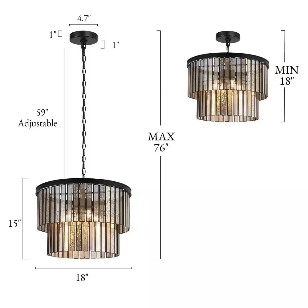 Hemera 4-Light Black Modern Drum Chandelier with 2-Tier Plated Mercury Glass Shade Living Room Silvered Hanging Light