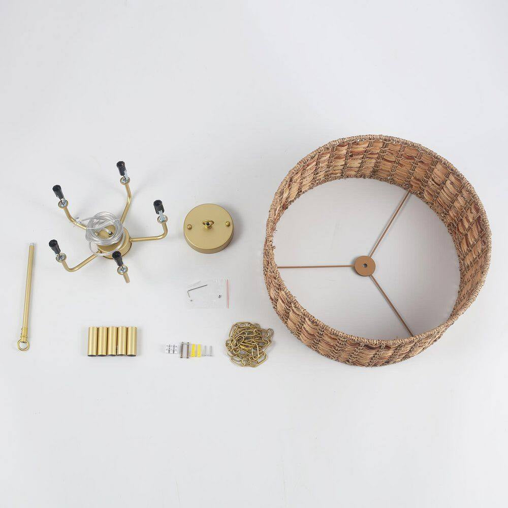 5-Light Gold Drum Bohemian Chandelier with Hand Woven Shade