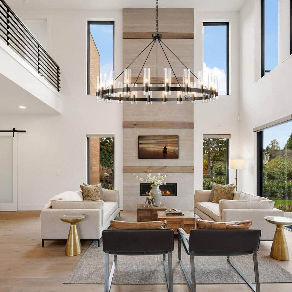 Farmhouse Chandelier 60 In. 20-Light Black Wagon Wheel Chandelier for Dinning Room, Kitchen Island, Foyer, Bedroom