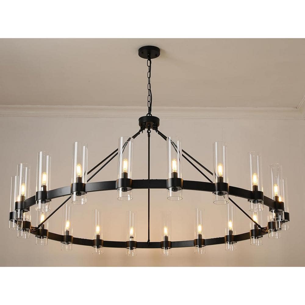 Farmhouse Chandelier 60 In. 20-Light Black Wagon Wheel Chandelier for Dinning Room, Kitchen Island, Foyer, Bedroom
