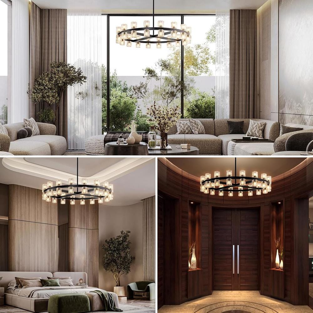 36-Light Black round Chandelier, 36 In. Modern K9 Crystal Chandelier for Dining Room, Living Room, Foyer
