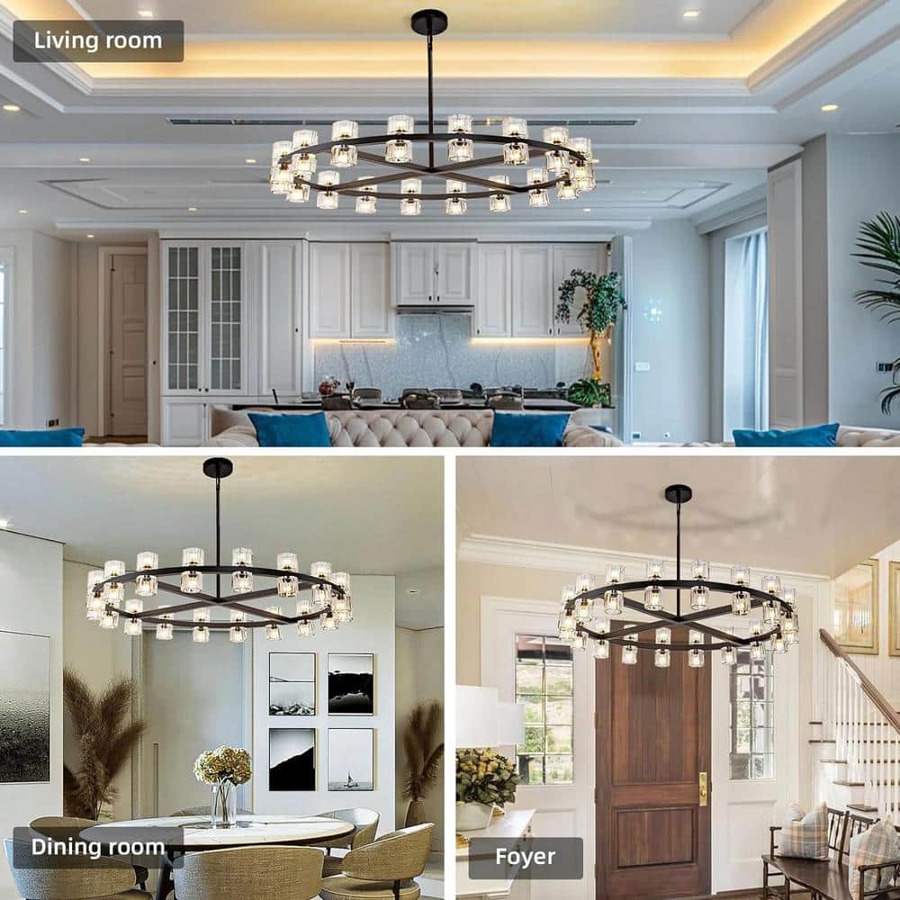 36-Light Black round Chandelier, 36 In. Modern K9 Crystal Chandelier for Dining Room, Living Room, Foyer