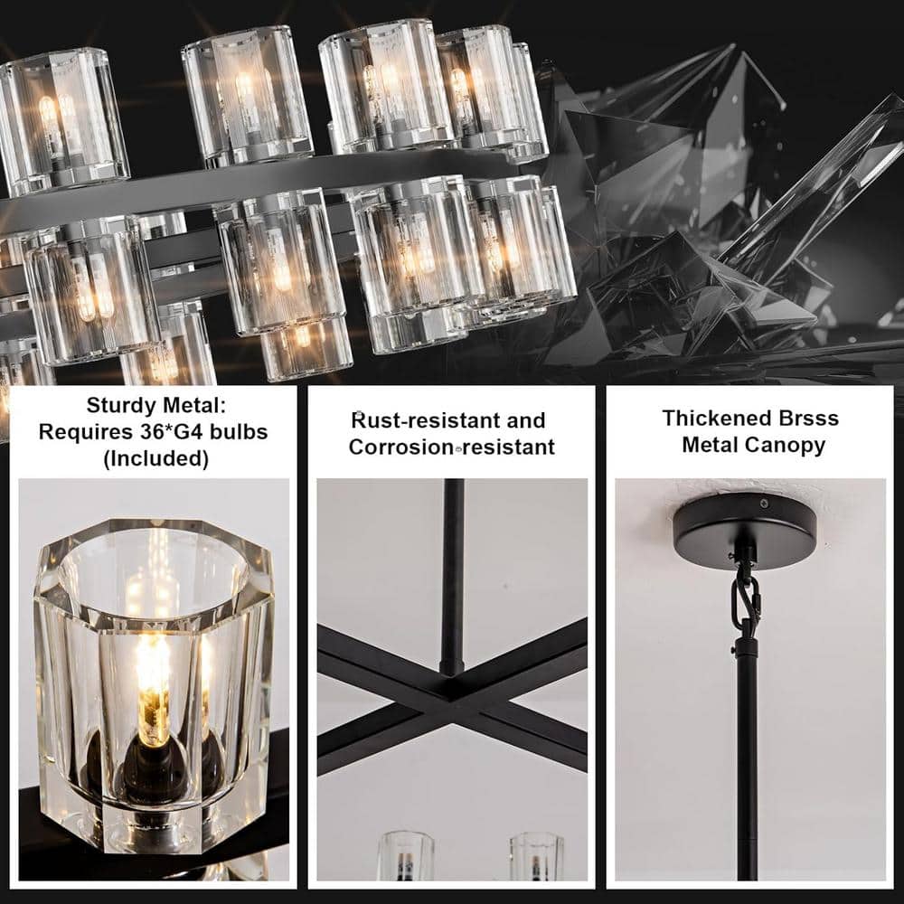 36-Light Black round Chandelier, 36 In. Modern K9 Crystal Chandelier for Dining Room, Living Room, Foyer