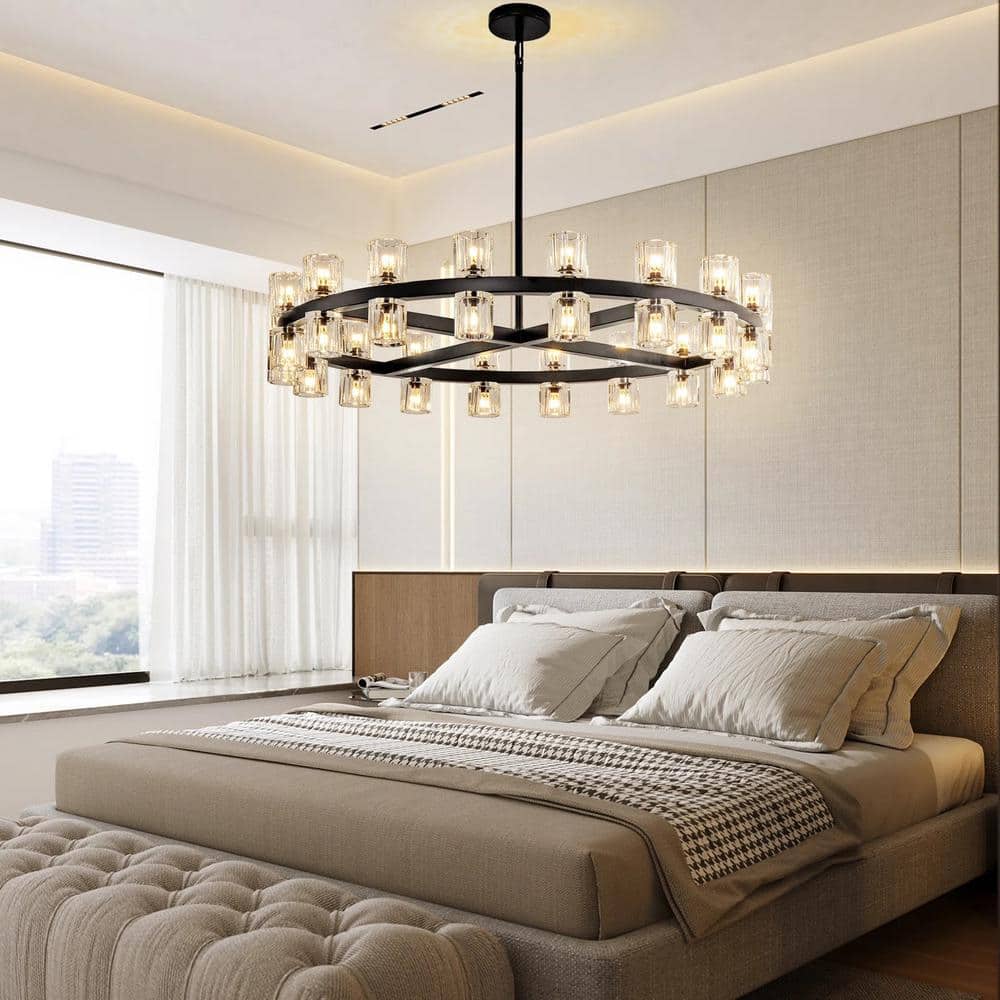 36-Light Black round Chandelier, 36 In. Modern K9 Crystal Chandelier for Dining Room, Living Room, Foyer