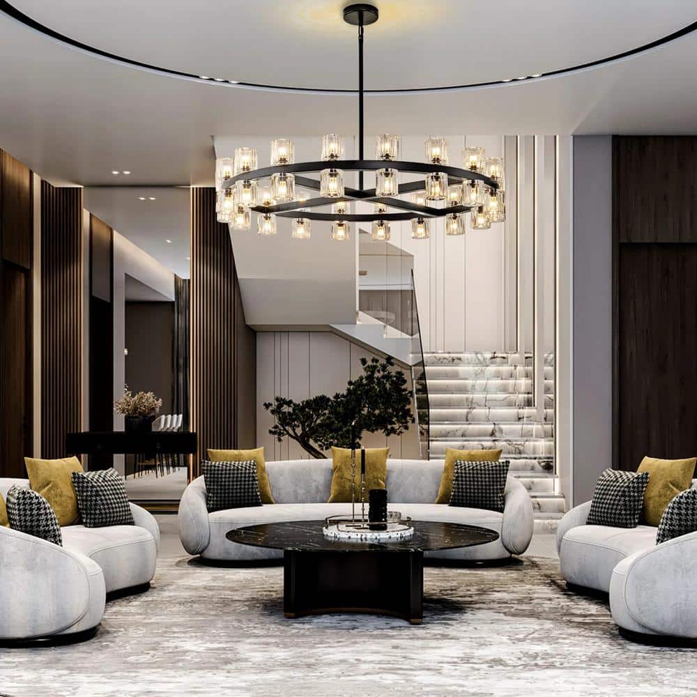 36-Light Black round Chandelier, 36 In. Modern K9 Crystal Chandelier for Dining Room, Living Room, Foyer
