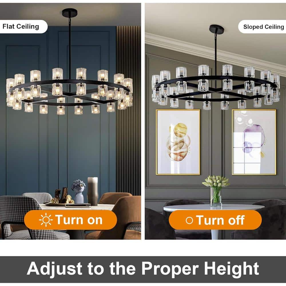 36-Light Black round Chandelier, 36 In. Modern K9 Crystal Chandelier for Dining Room, Living Room, Foyer