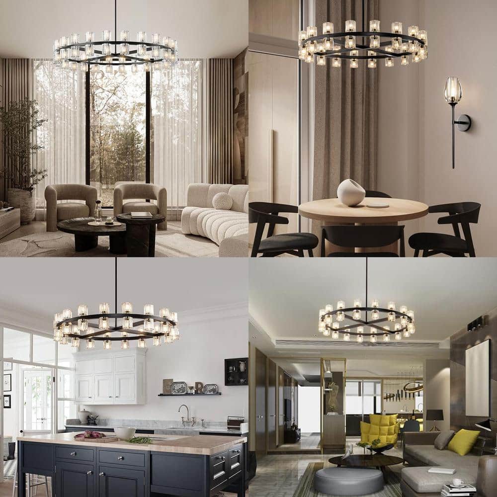 36-Light Black round Chandelier, 36 In. Modern K9 Crystal Chandelier for Dining Room, Living Room, Foyer