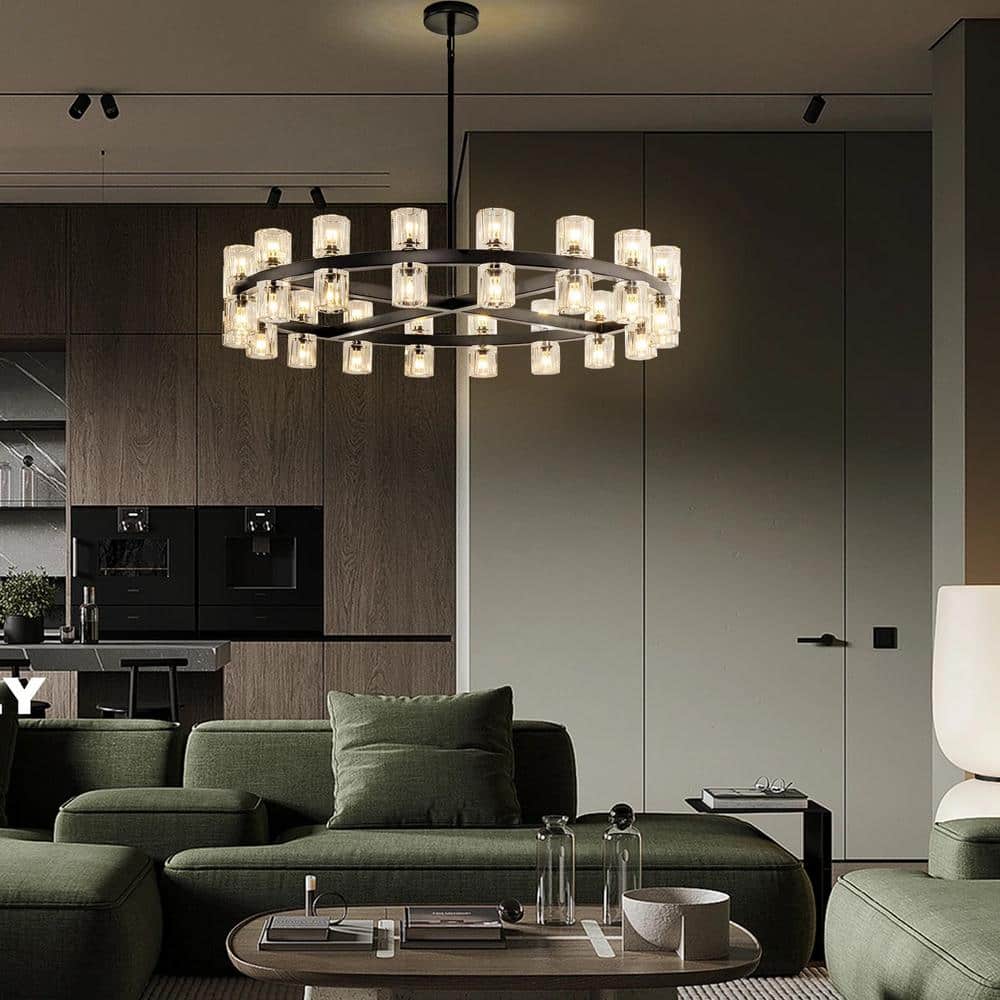 36-Light Black round Chandelier, 36 In. Modern K9 Crystal Chandelier for Dining Room, Living Room, Foyer