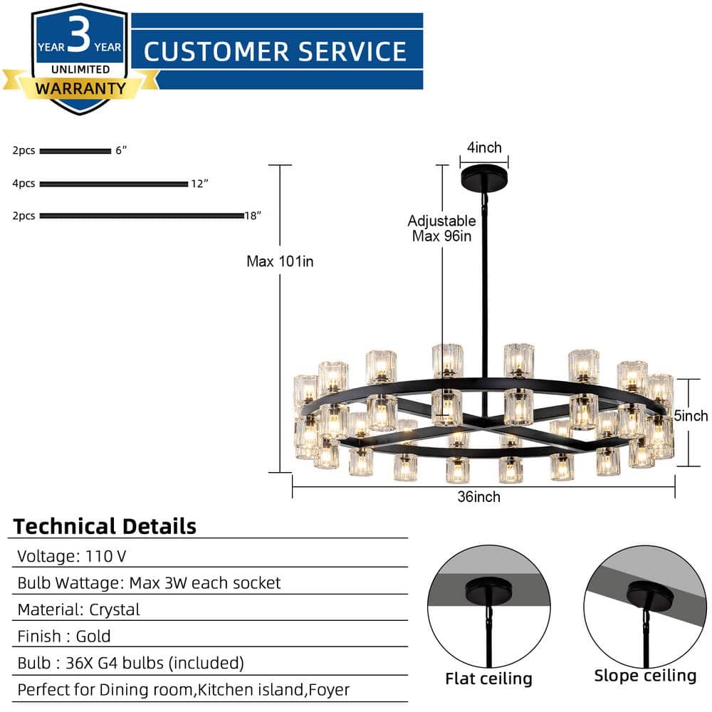 36-Light Black round Chandelier, 36 In. Modern K9 Crystal Chandelier for Dining Room, Living Room, Foyer