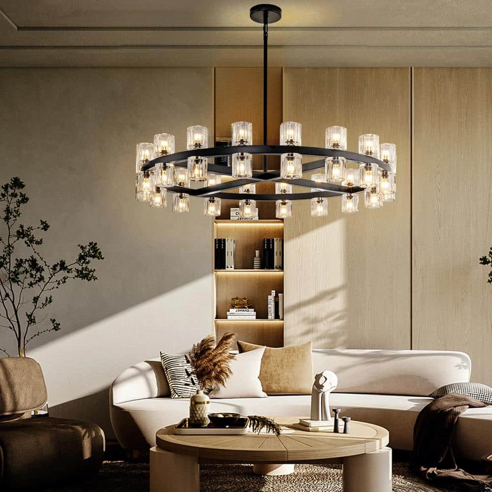 36-Light Black round Chandelier, 36 In. Modern K9 Crystal Chandelier for Dining Room, Living Room, Foyer