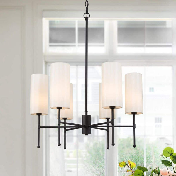 Black Chandelier Modern Island 6-Light Drum Cylinder Fabric Shade Kitchen Dining Room Pendant Chandelier