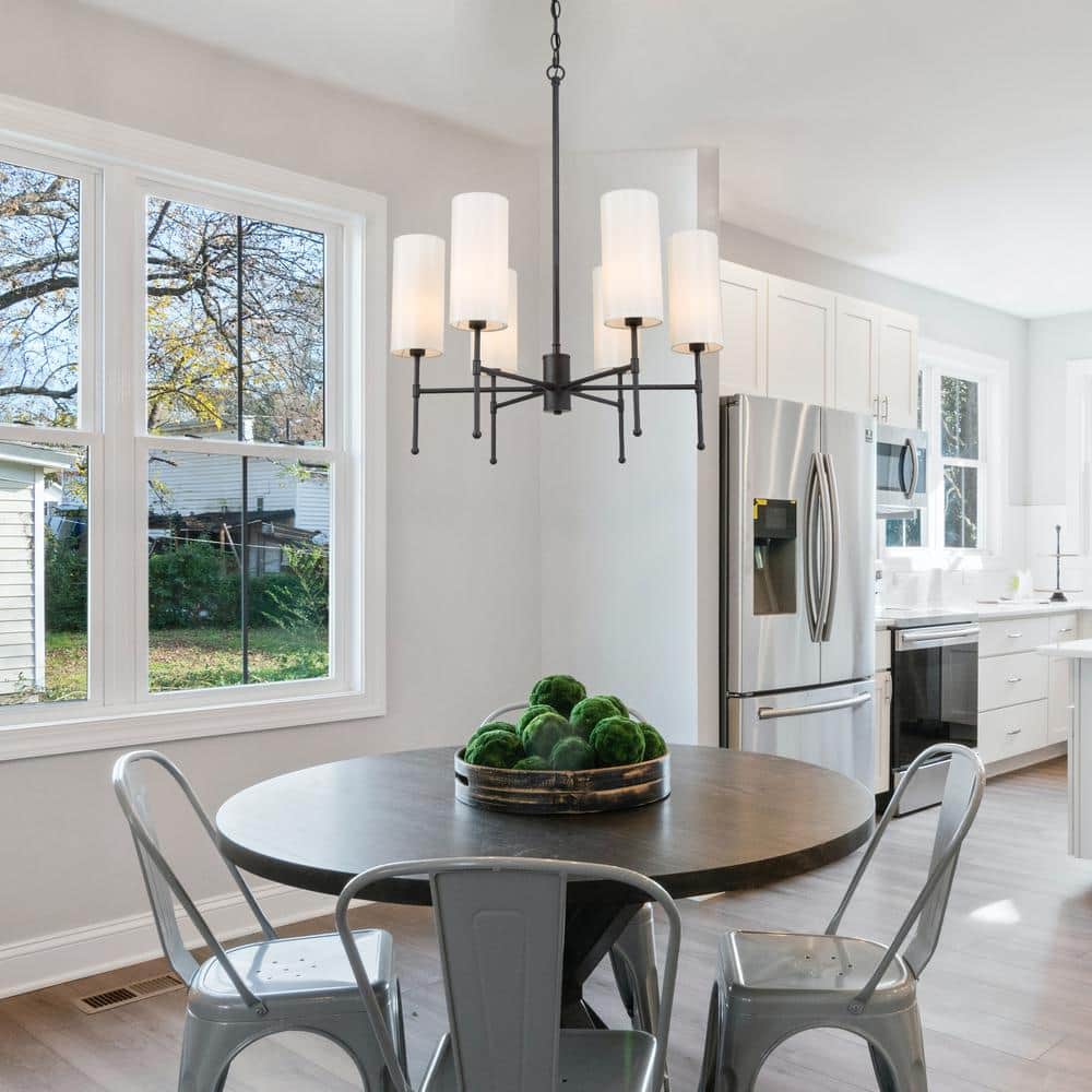 Black Chandelier Modern Island 6-Light Drum Cylinder Fabric Shade Kitchen Dining Room Pendant Chandelier