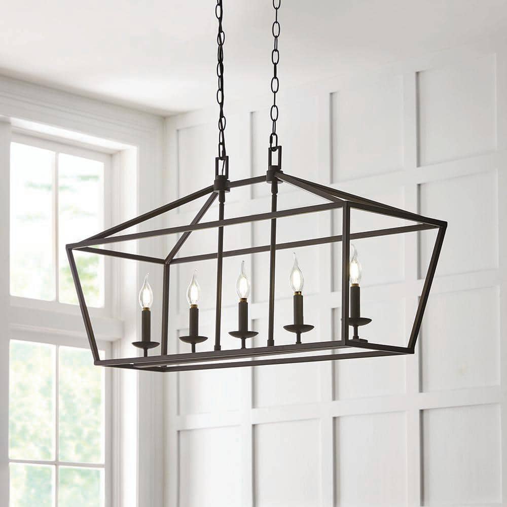 Weyburn 36 In. 5-Light Bronze Farmhouse Linear Chandelier Light Fixture with Caged Metal Shade
